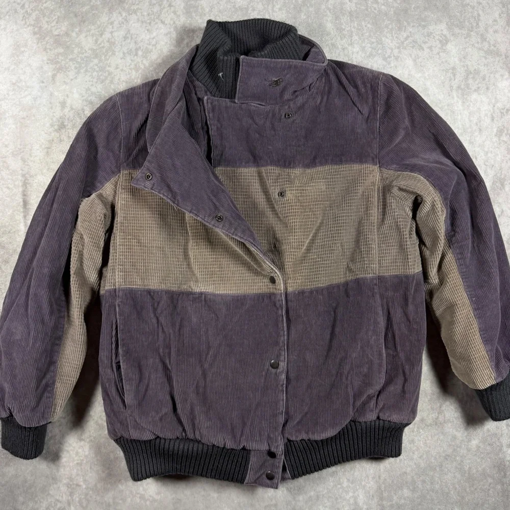 David Benjamin Vintage Corduroy Bomber Jacket Men M Purple Plaid Lined 80s Retro